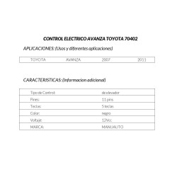 CONTROL ELECTRICO TOYOTA AVANZA /DELANTERA/IZQUIERDO